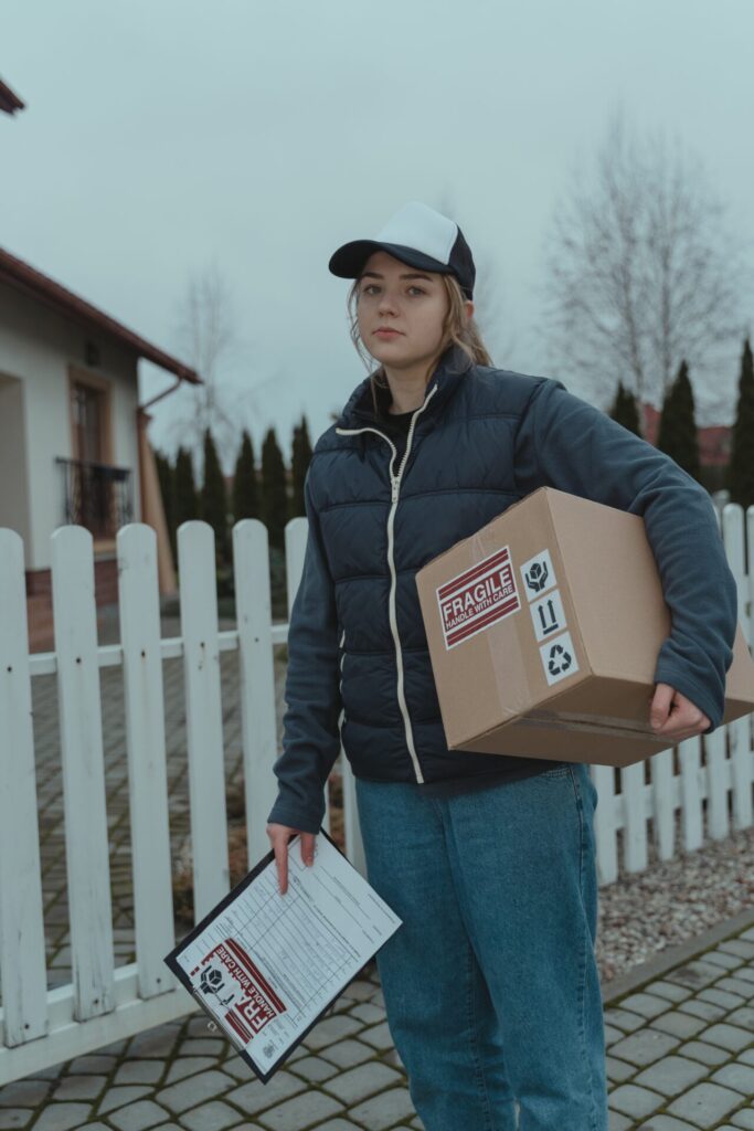 荷物を抱えた女性配達員