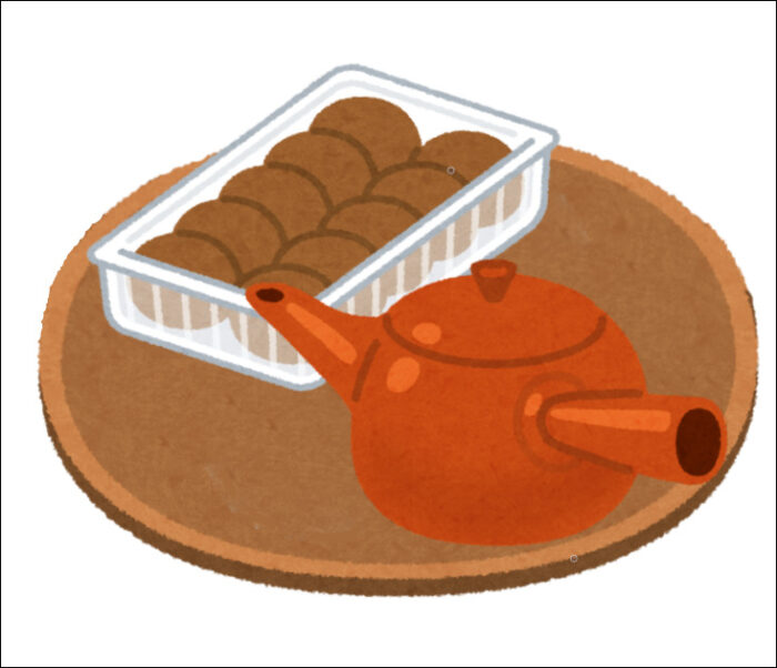 お盆に饅頭と急須がのっているイラスト