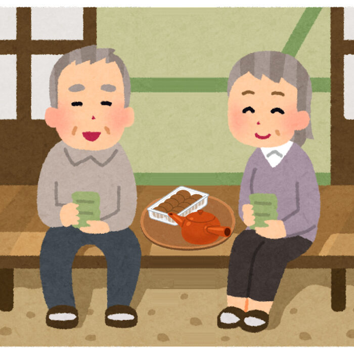 老夫婦が縁側でお茶を飲んでいて、２人の間に饅頭と急須が置いてあるイラスト