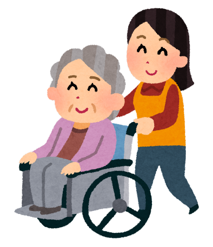 車椅子のおばあさんを介護する女性