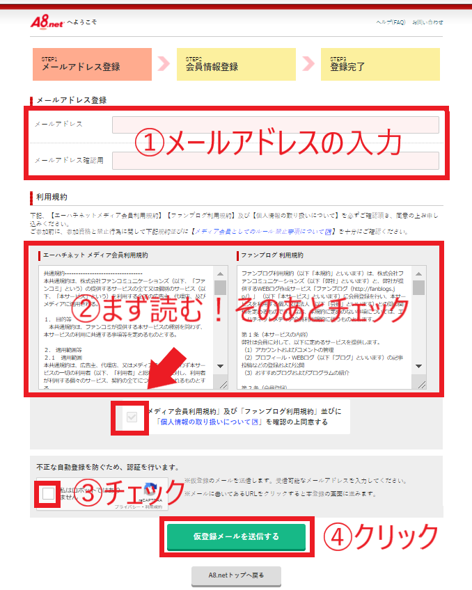 A8net仮登録の説明図