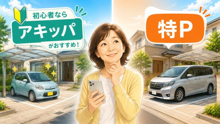 初心者にはアキッパがおすすめ。スマホ持って考えている女性