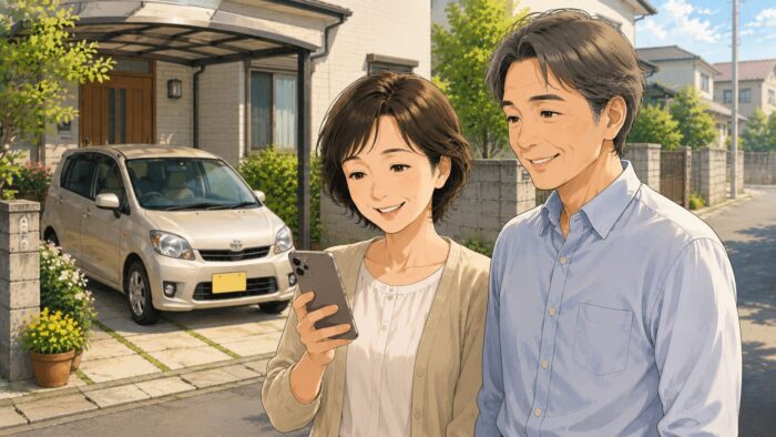 駐車場の前でスマホを見て笑顔の夫婦