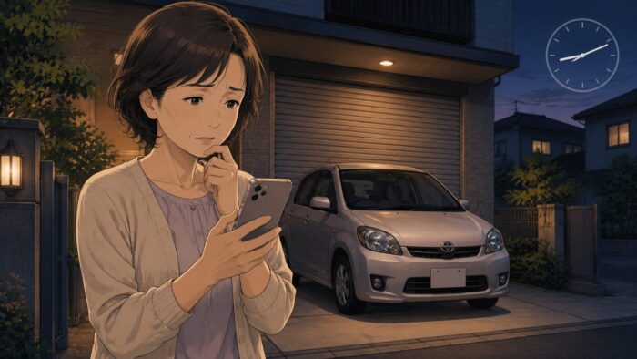 利用者の車が時間を過ぎても退出しなくて困ってスマホを見ている女性